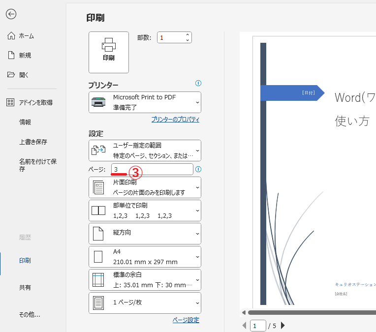 「ページ」に印刷したいページ番号を入力する